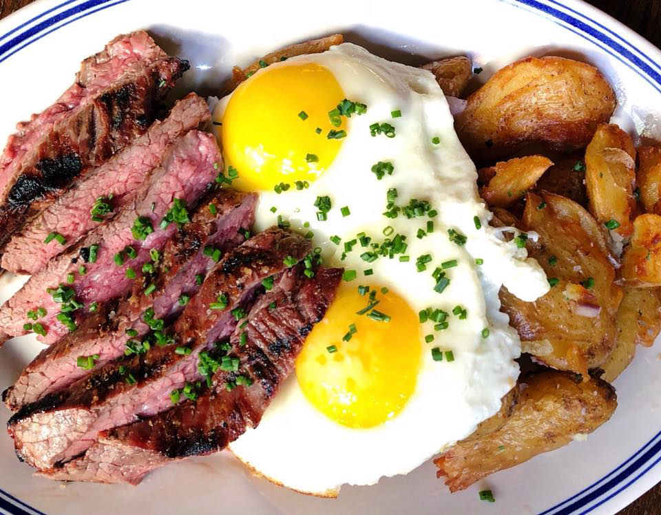 Butcher's Union brunch, charred flank steak, fried egg, breakfast potatoes.