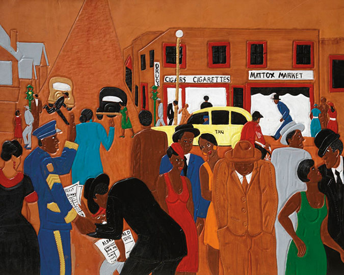 Winfred Rembert, street scene yellow taxi